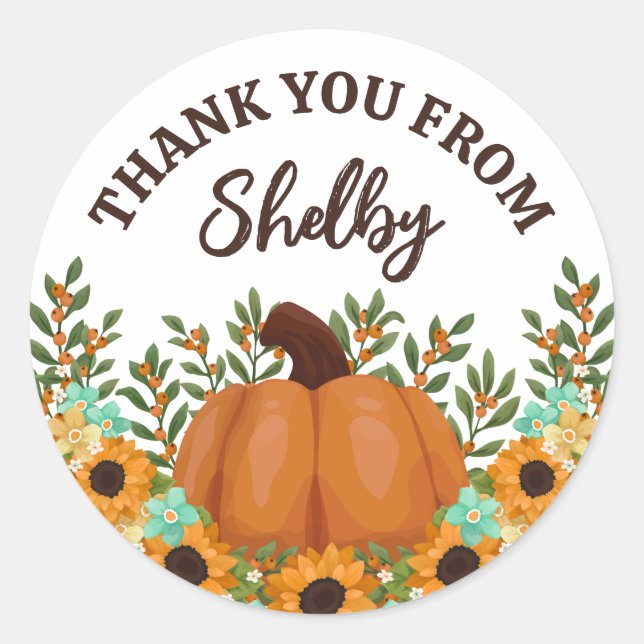 Sunflowers Little Pumpkin Baby Shower Thank You Classic Round Sticker (Front)