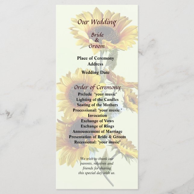 Sunflowers Looking Up Wedding Program (Front)