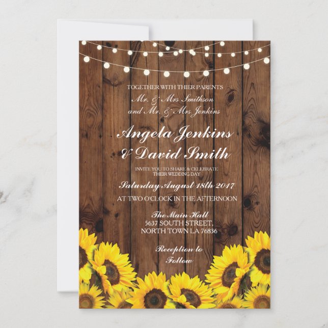 Sunflowers Mariage Rustic Floral Invitation léger (Devant)