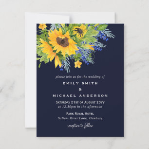 Sunflowers Marine Bleu Jaune Mariage Invitations