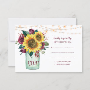 Sunflowers Mason Jar Burgundy Floral Wedding RSVP Card