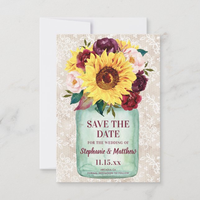 Sunflowers Mason Jar Floral Wedding Save The Date (Front)