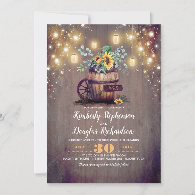Sunflowers Mason Jar Lights Fall Wedding Invitation (Front)