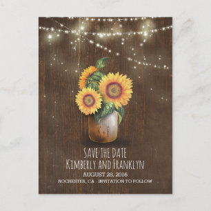 sunflowers mason jar lights wood save the date announcement postcard