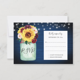 Sunflowers Mason Jar Marine Blue Wedding RSVP