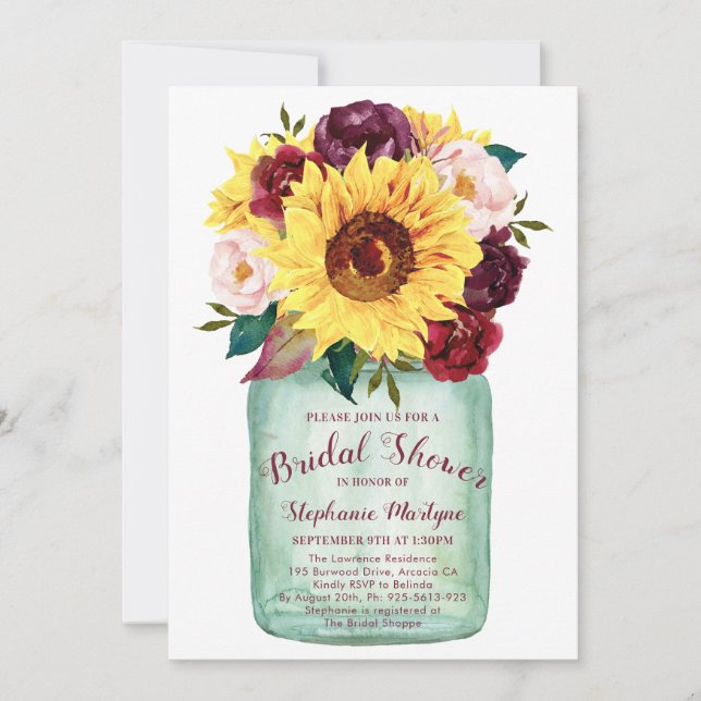 Sunflowers Mason Jar Roses Floral Bridal Shower Invitation (Front)