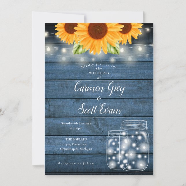 Sunflowers Mason Jar String Lights Rustic Wedding Invitation (Front)