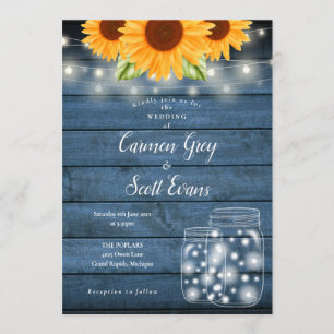 Sunflowers Mason Jar String Lights Rustic Wedding Invitation