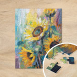 Sunflowers Modern Abstract Floral Painting  Jigsaw Puzzle<br><div class="desc">A vibrant modern abstract impressionist style painting of sunflowers. The artwork features textured brushstrokes in bold yellow, blue, and green hues. The dynamic brushwork and lively colours create a sense of movement, capturing the beauty and energy of the sunflowers in a fresh, contemporary style. The rich textures and expressive strokes...</div>