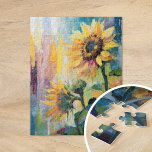 Sunflowers Modern Abstract Floral Painting  Jigsaw Puzzle<br><div class="desc">A vibrant modern abstract impressionist style painting of sunflowers. The artwork features textured brushstrokes in bold yellow, blue, and green hues. The dynamic brushwork and lively colours create a sense of movement, capturing the beauty and energy of the sunflowers in a fresh, contemporary style. The rich textures and expressive strokes...</div>