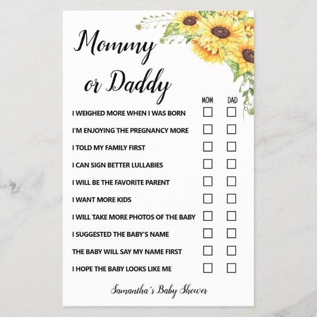 Sunflowers Mom or Dad said Baby Shower Game card (Front)