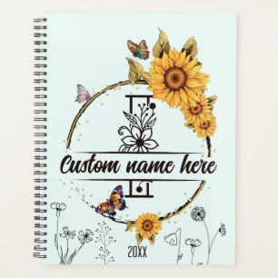 Sunflowers monogram butterflies letter I Planner