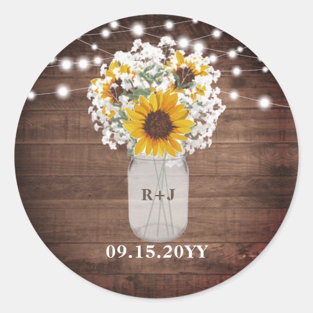 Sunflowers Monogram Mason Jar Vase Lights Wedding Classic Round Sticker (Front)