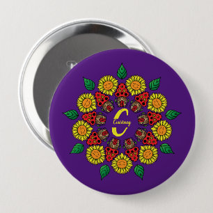 Sunflowers & Mushrooms Personalized Mandala Purple 4 Inch Round Button