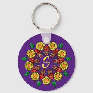 Sunflowers & Mushrooms Personalized Mandala Purple Keychain