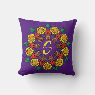 Sunflowers & Mushrooms Personalized Mandala Purple Throw Pillow