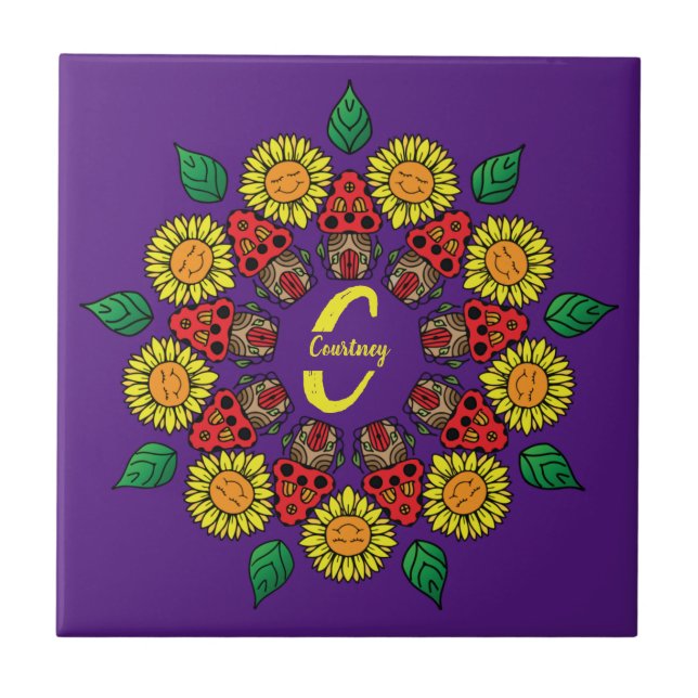 Sunflowers & Mushrooms Personalized Mandala Purple Tile (Front)