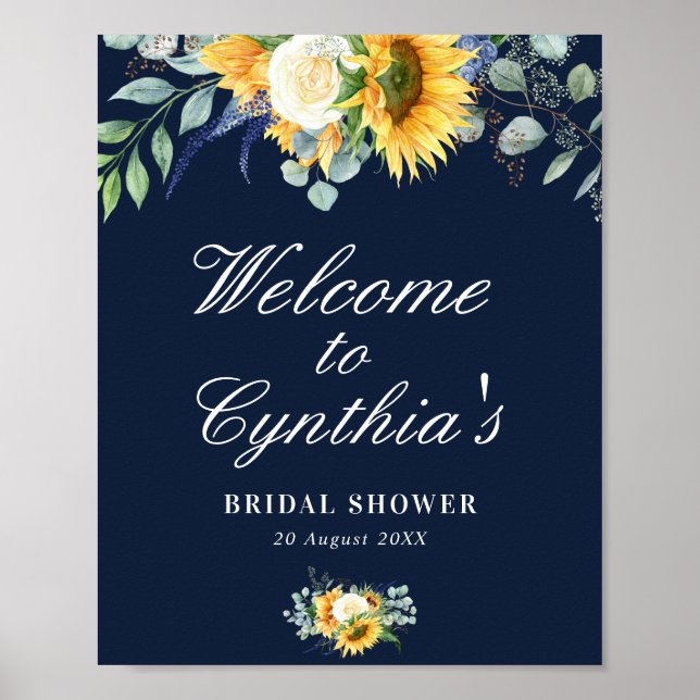 sunflowers navy blue bridal shower welcome sign (Front)