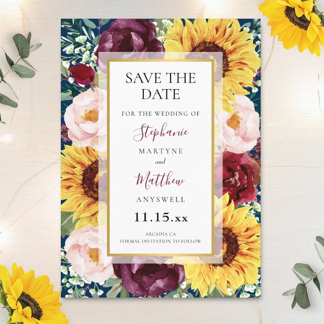 Sunflowers Navy Blue Burgundy Gold Wedding Save The Date (Creator Uploaded)