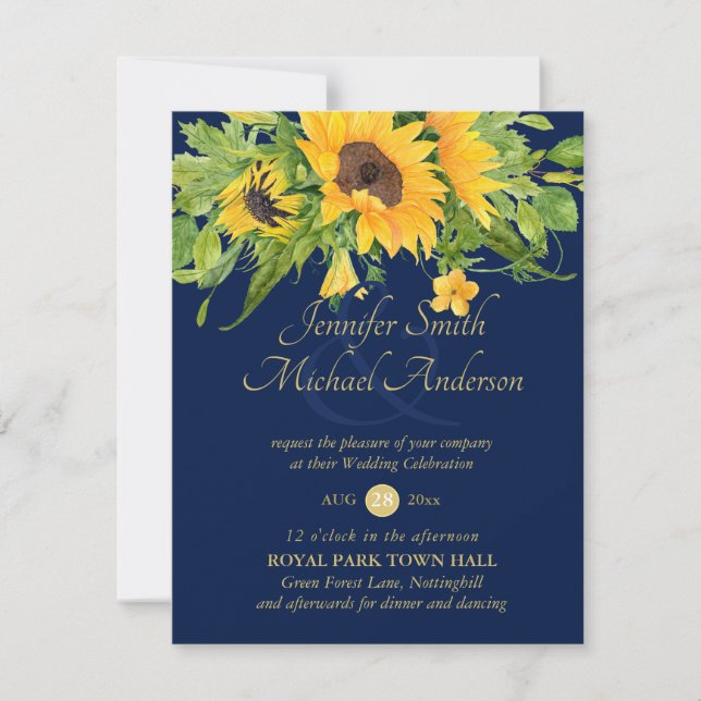 Sunflowers Navy Blue Country Floral Wedding Invite (Front)