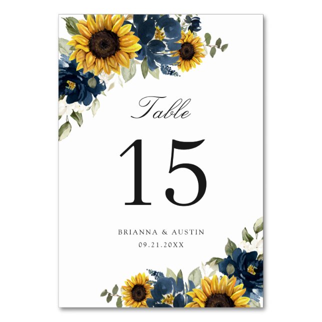 Sunflowers Navy Blue Floral Rustic Table Number (Back)