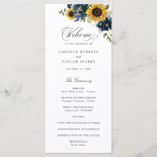 Sunflowers Navy Blue Flowers Rustic Wedding Program