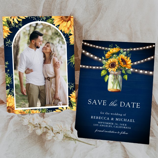 Sunflowers Navy Blue Mason Jar Photo Wedding Save The Date (Creator Uploaded)