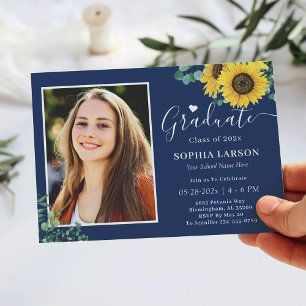 Sunflowers Navy Blue Photo Graduation Celebration Invitation