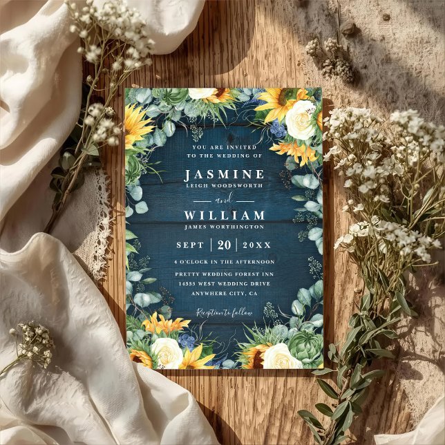 Sunflowers Navy Blue Wood Rustic QR Code Wedding Invitation (Creator Uploaded)