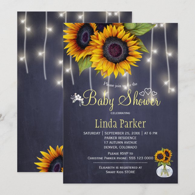 Sunflowers navy chalkboard autumn baby shower invitation (Front/Back)