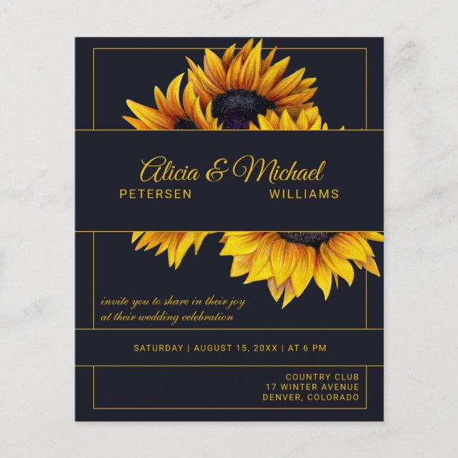 Sunflowers navy gold modern wedding invitation (Front)