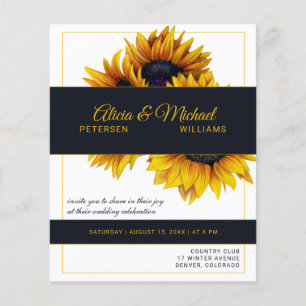 Sunflowers navy gold modern wedding invitation