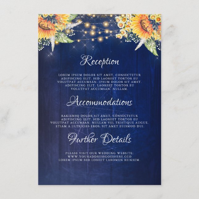 Sunflowers Navy Rustic Wedding Details Information Enclosure Card (Front)
