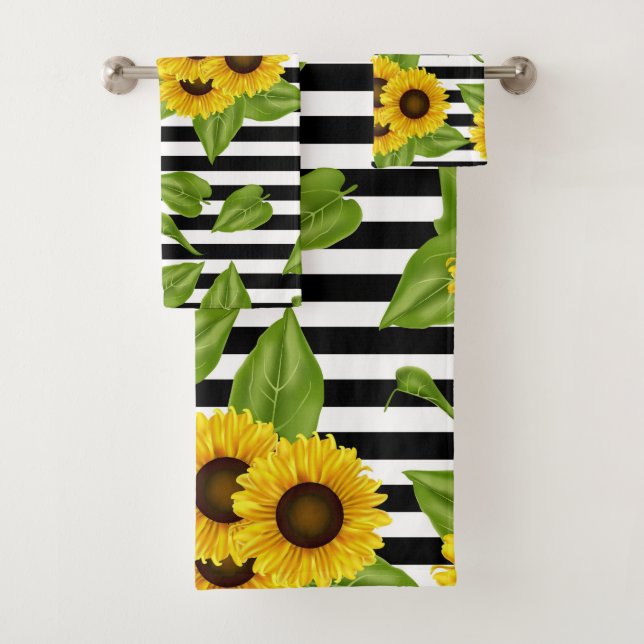 Sunflowers on black and white  bath towel set (Insitu)