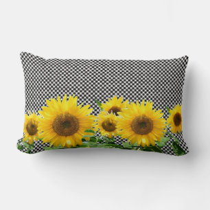 Sunflowers on black and white chess pattern lumbar pillow