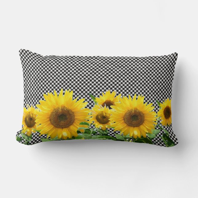 Sunflowers on black and white chess pattern lumbar pillow (Front)