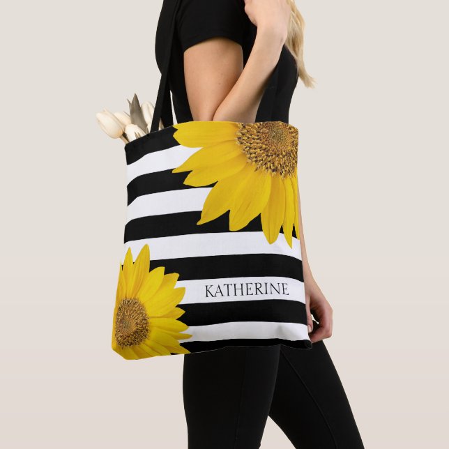 Sunflowers on Black and White Stripes Personalized Tote Bag (Close Up)