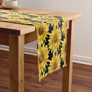 Sunflowers on Black Background Short Table Runner