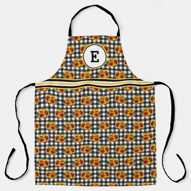 Sunflowers On Black Gingham Initial Apron (Front)