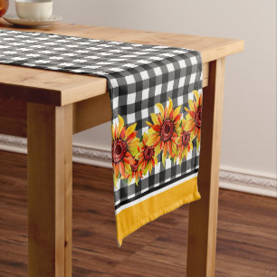 Sunflowers On Black Gingham Long Table Runner