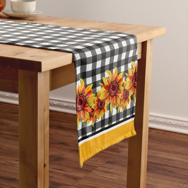 Sunflowers On Black Gingham Long Table Runner (In Situ)