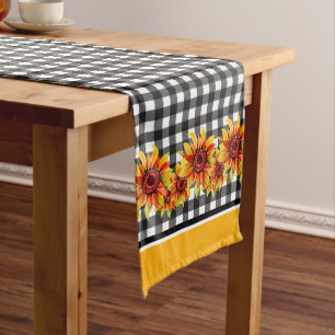 Sunflowers On Black Gingham Medium Table Runner