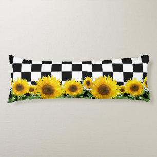 Sunflowers on Black White Chess Board Pattern Body Body Pillow