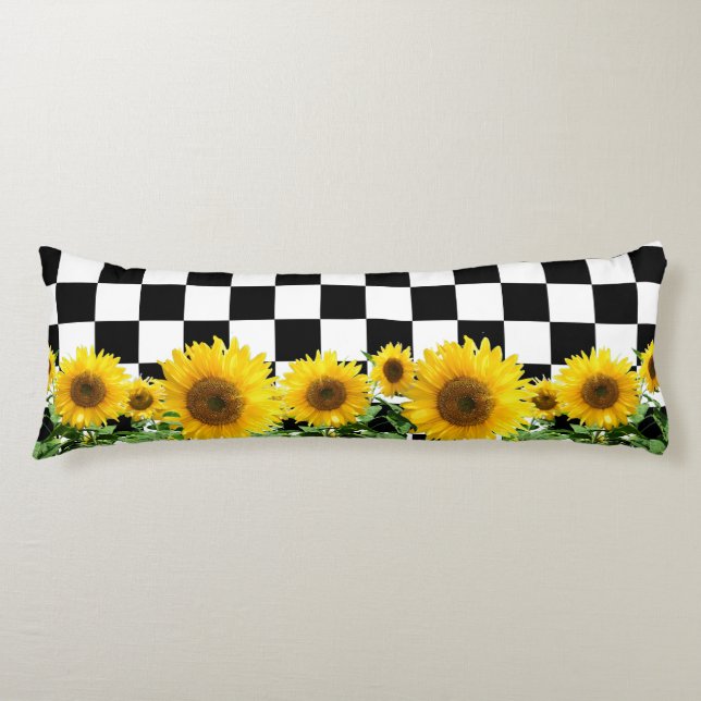 Sunflowers on Black White Chess Board Pattern Body Body Pillow (Front)