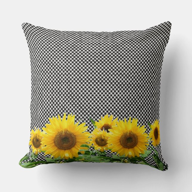 Sunflowers on black & white chess pattern throw pillow (Front)