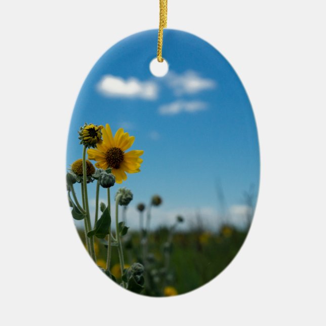 Sunflowers on Blue Sky Ceramic Ornament (Front)