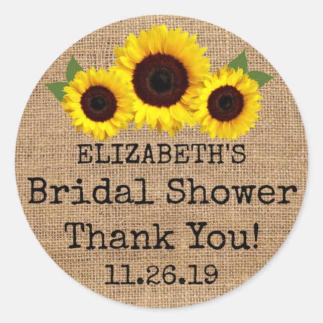 Sunflowers On Burlap Fall Bridal Shower Favour Classic Round Sticker (Front)
