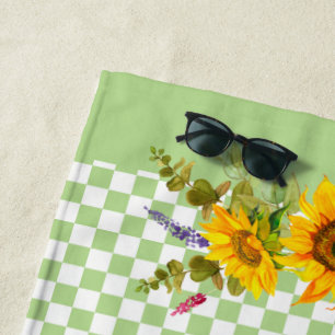 Sunflowers on Chequerboard  Beach Towel