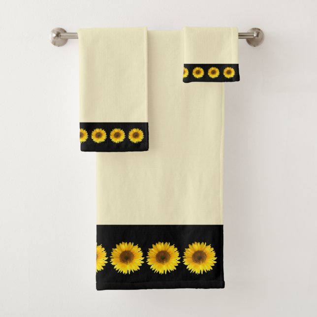Sunflowers on Ivory and Black Bath Towel Set (Insitu)