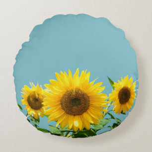 Sunflowers on Light Teal Turquoise Round Pillow